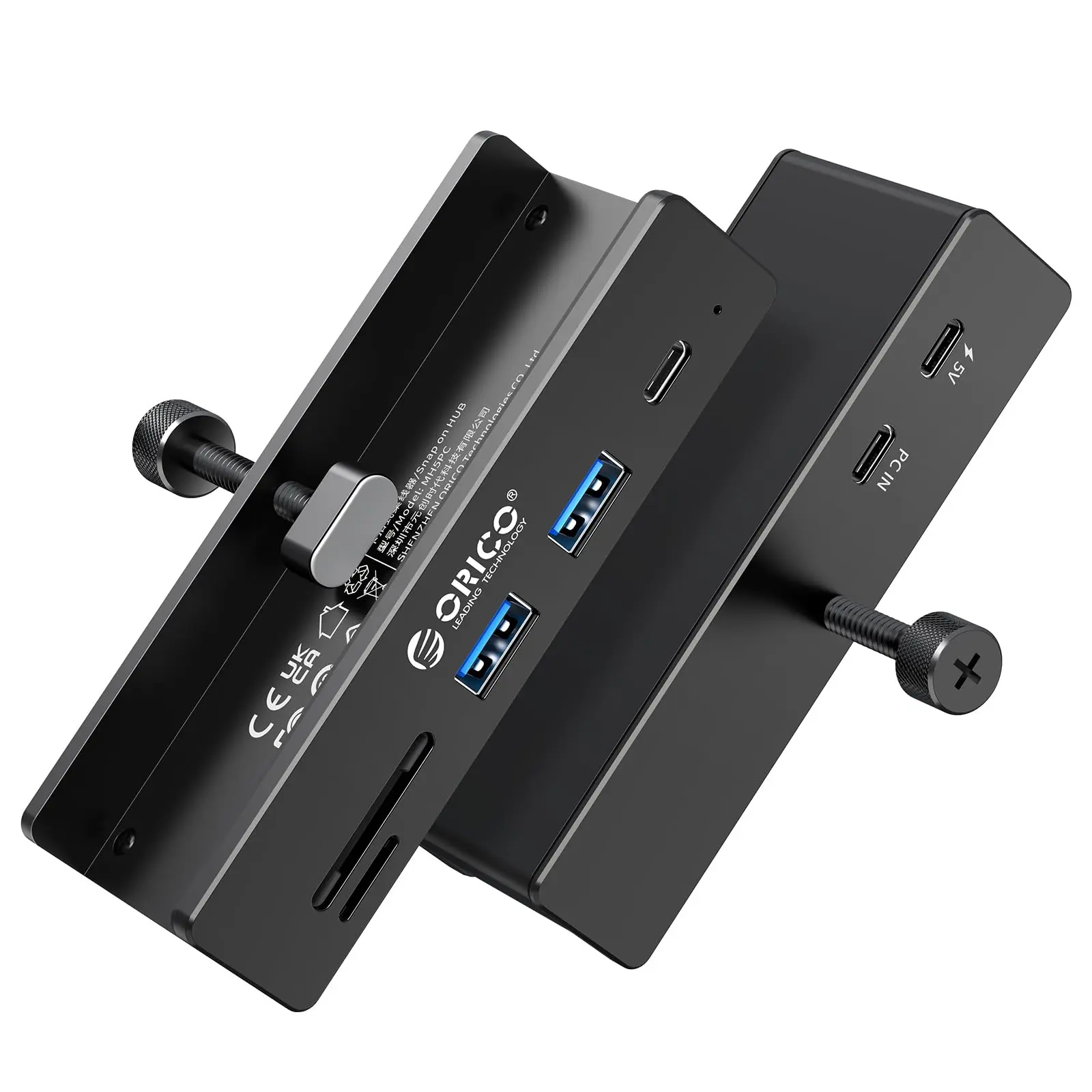 ORICO USB Hub 3.2, Clamp USB-Hub with Extra Power Supply Port, 10Gbps Aluminum 5-Port USB Extender with 2 USB-A 3.2 Ports, USB-C 3.2, SD/TF Card Reader 3.0, USB-3.2 Splitter for Monitor, Desk-MH5PC