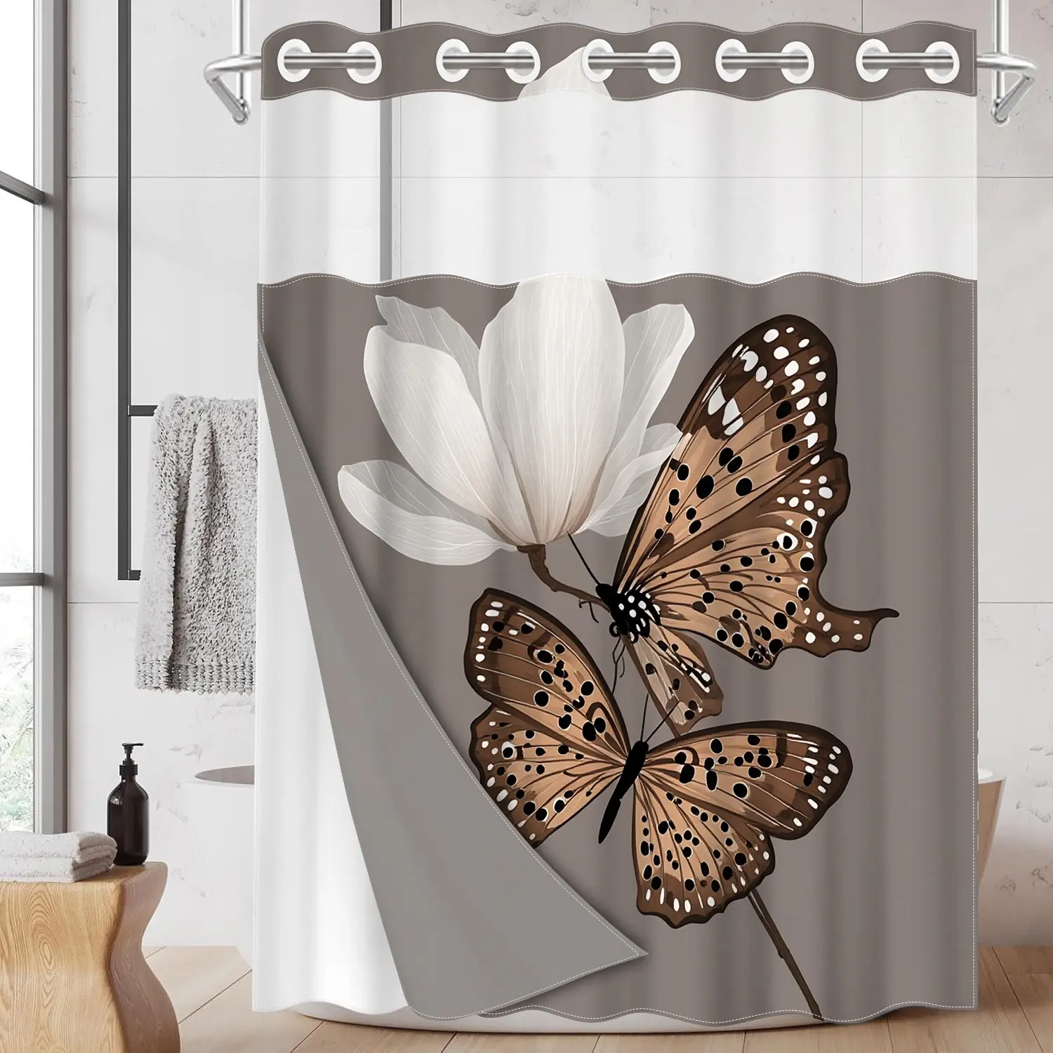 1pc hookless Floral, Decorative shower curtain, with buckle lining, spring butterfly and flower design 2D flat print, fabric waterproof lining with see-through window double layer, 71 x 74 inches, home curtain decoration