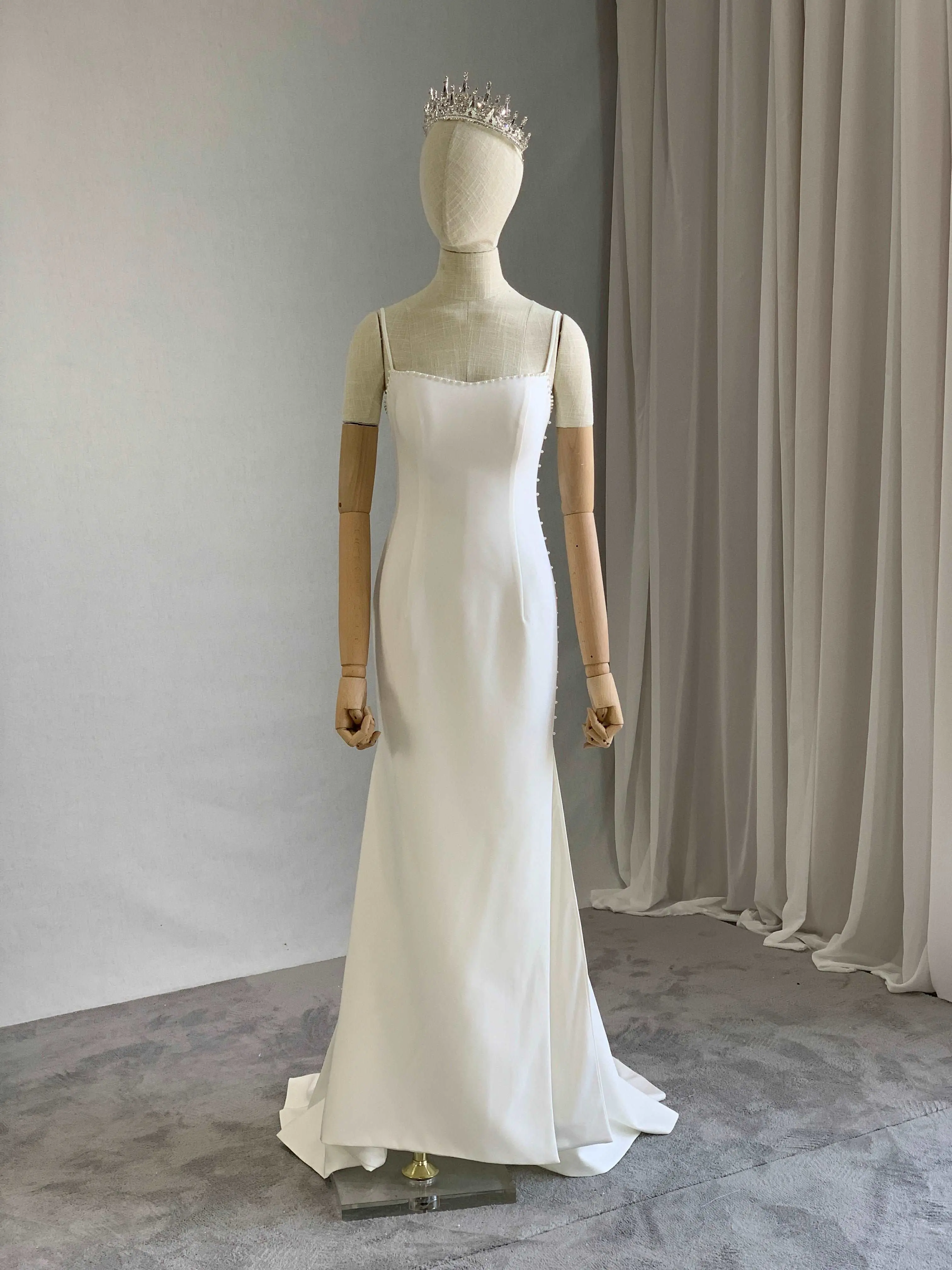 Women's Sheath Crepe Wedding Gown - Elegant Sleeveless Lady's Women's Clothes with Pearl Detailing, High Leg Slit, Sweep Train, Zip Closure, Elegant Dresses, Formal Wedding, Custom, Made To Order, Elegant Wedding Dresses