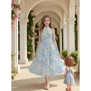 Elegant Blue Dress for Girls with a Large Bow, Featuring Three-Dimensional Floral Embroidery, Sleeveless Design, Perfect for Stylish And Comfortable Outings