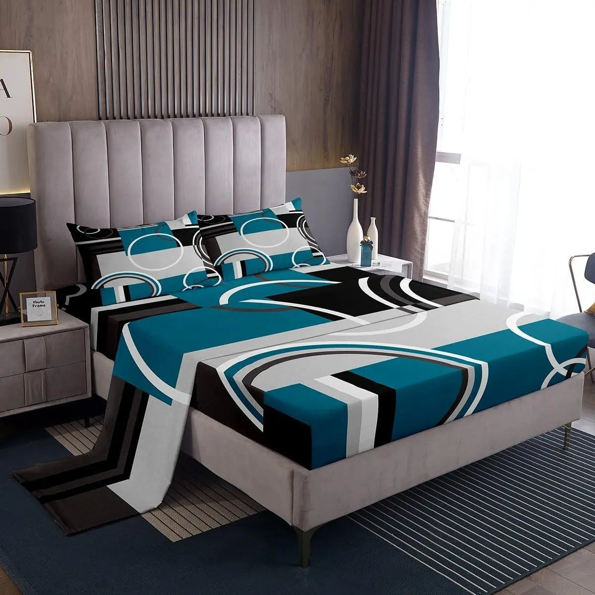 Modern Turquoise Decor Bed Sheets Gray Black Blue Stripes Geometric Sheet Set,Retro Circle Swirls Bedding Set,Modern Abstract Texture Color Art Fitted Sheet