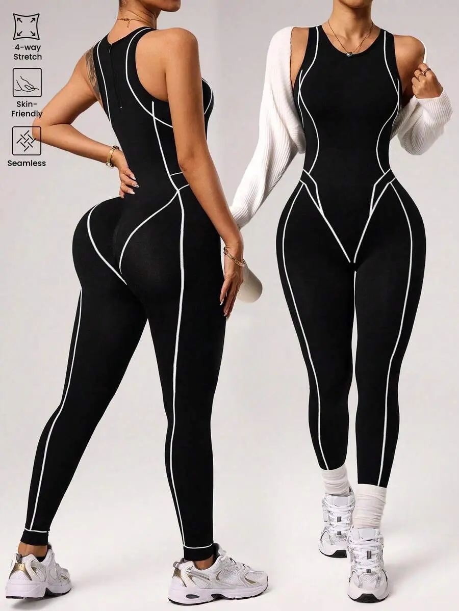 LUNA LAYER Womens Seamless Activewear Jumpsuit Stripe Line Athleisure Gym Jumpsuit