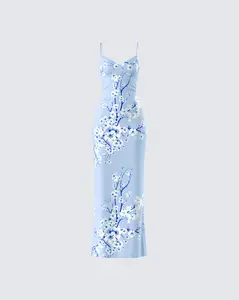 Women's Bodycon Maxi Dress in Azura Blue Floral Print, Sleeveless with Cowl Neck and Adjustable Spaghetti Straps