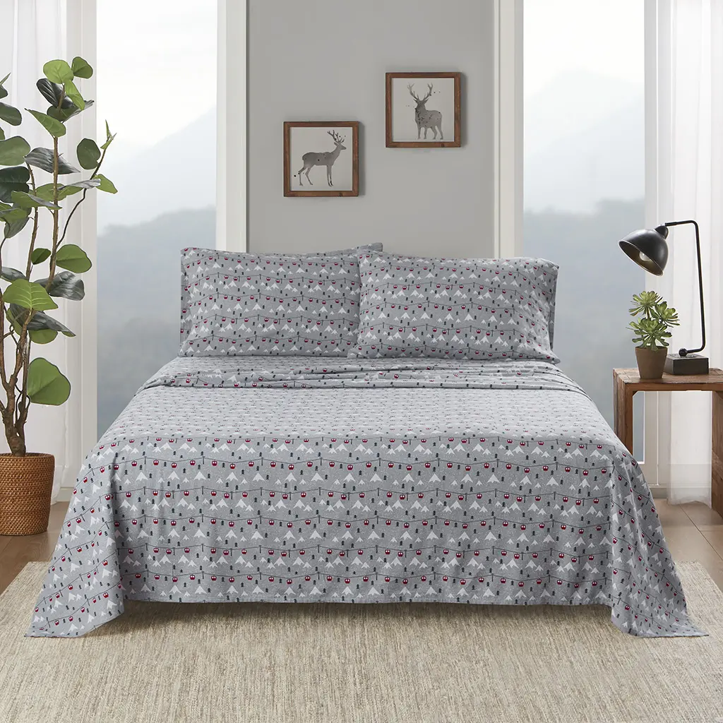360 Stand Cotton Flannel Sheet Set - California King Size, Woolrich WR20-4012, 108x102x0.13in, Grey Ski Jump, Bedroom Bedding Set