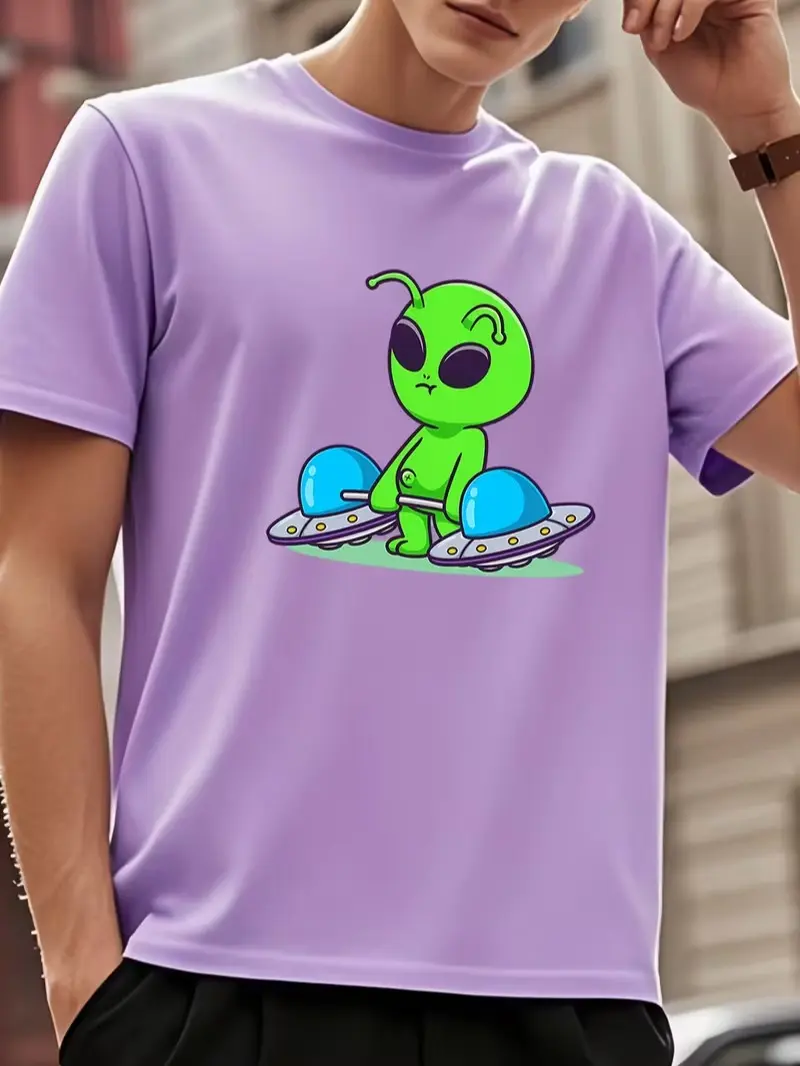 Green Alien Graphic T-Shirt - Sci-Fi Cartoon Design, Casual Round Neck Tee for Spring/Summer/Fall, Perfect for Space Exploration & Cartoon Culture Fans, Space T Shirt, Perfect for Outdoor