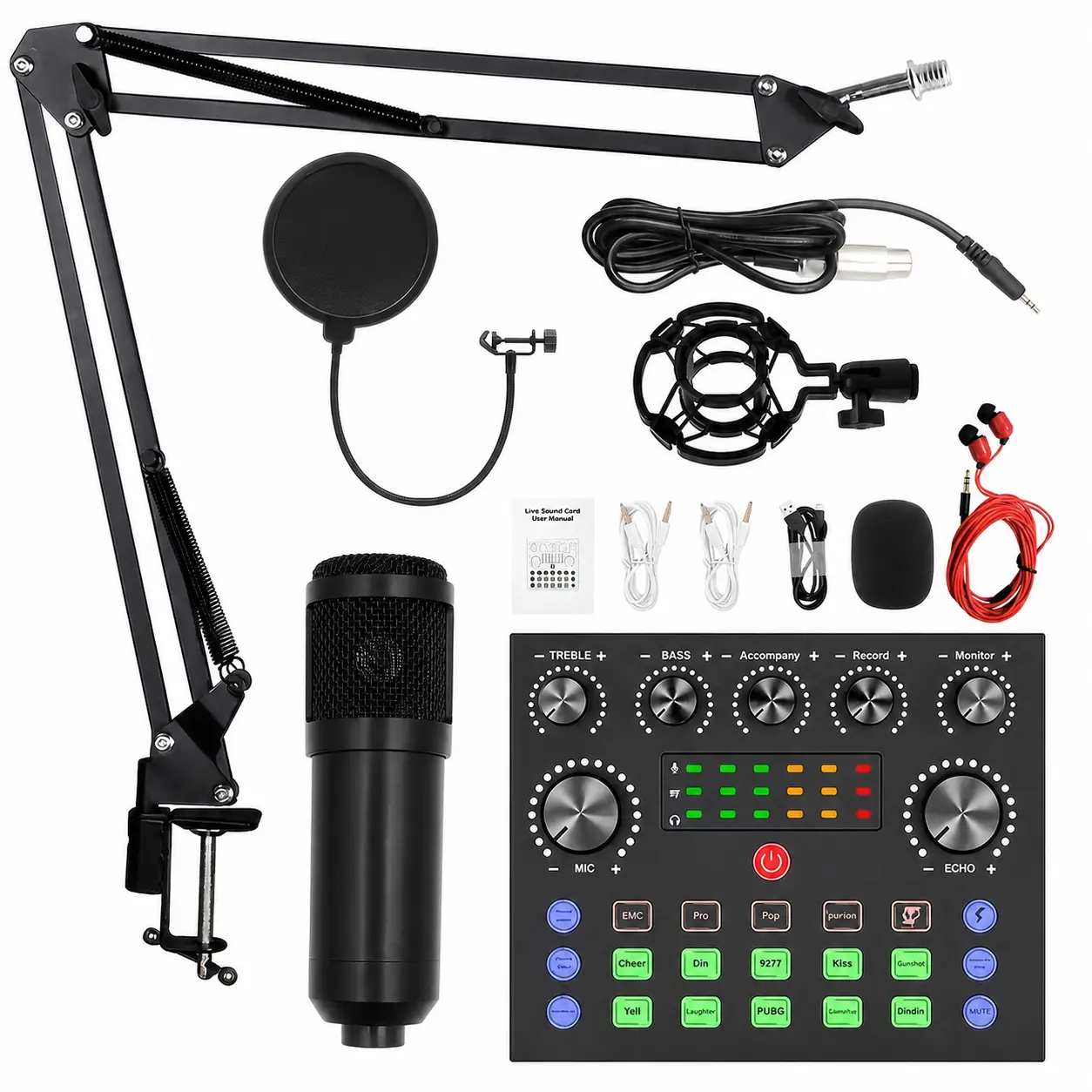 Podcast Equipment Bundle, Wired Microphone. Equipped with BM800 Black Metal Condenser Microphone and V8 Sound Card & Voice Changer — Audio Interface Device. Ideal for recording, singing, streaming and gaming scenarios.