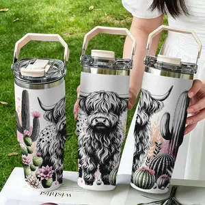 30oz Stainless Steel Handheld Pot, Highland Cow Cactus Print Design, Dual-Layer Vacuum Insulated Travel Mug with Lid, Travel Tumbler, Insulated Water Cup, Gift for Parents Friends Teachers, Vacuum Insulated Flask