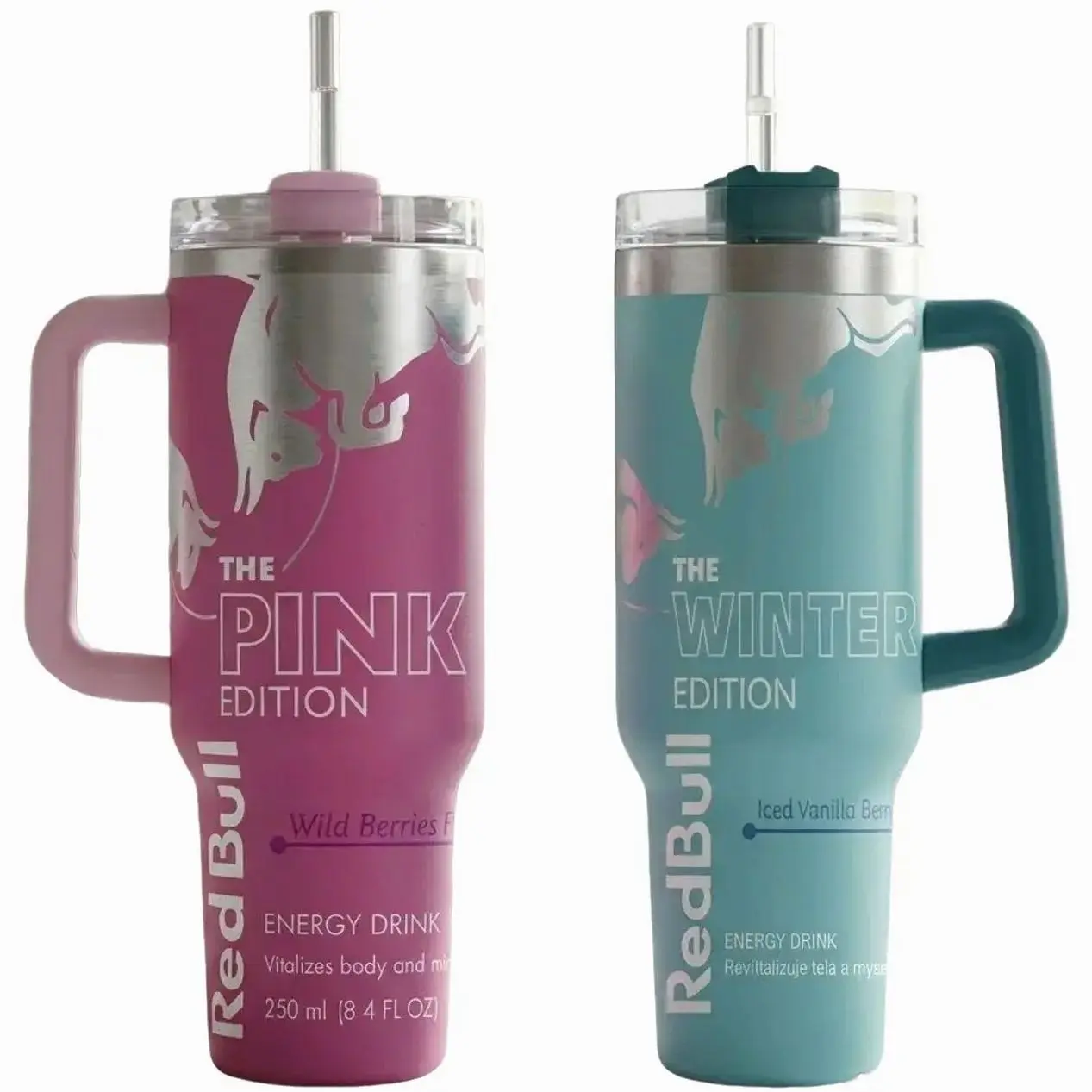 Red Bull Pink, Blue & White Edition 40oz Stainless Steel Tumbler With Handle and Straw, Double Wall Vacuum Insulated Travel Mug