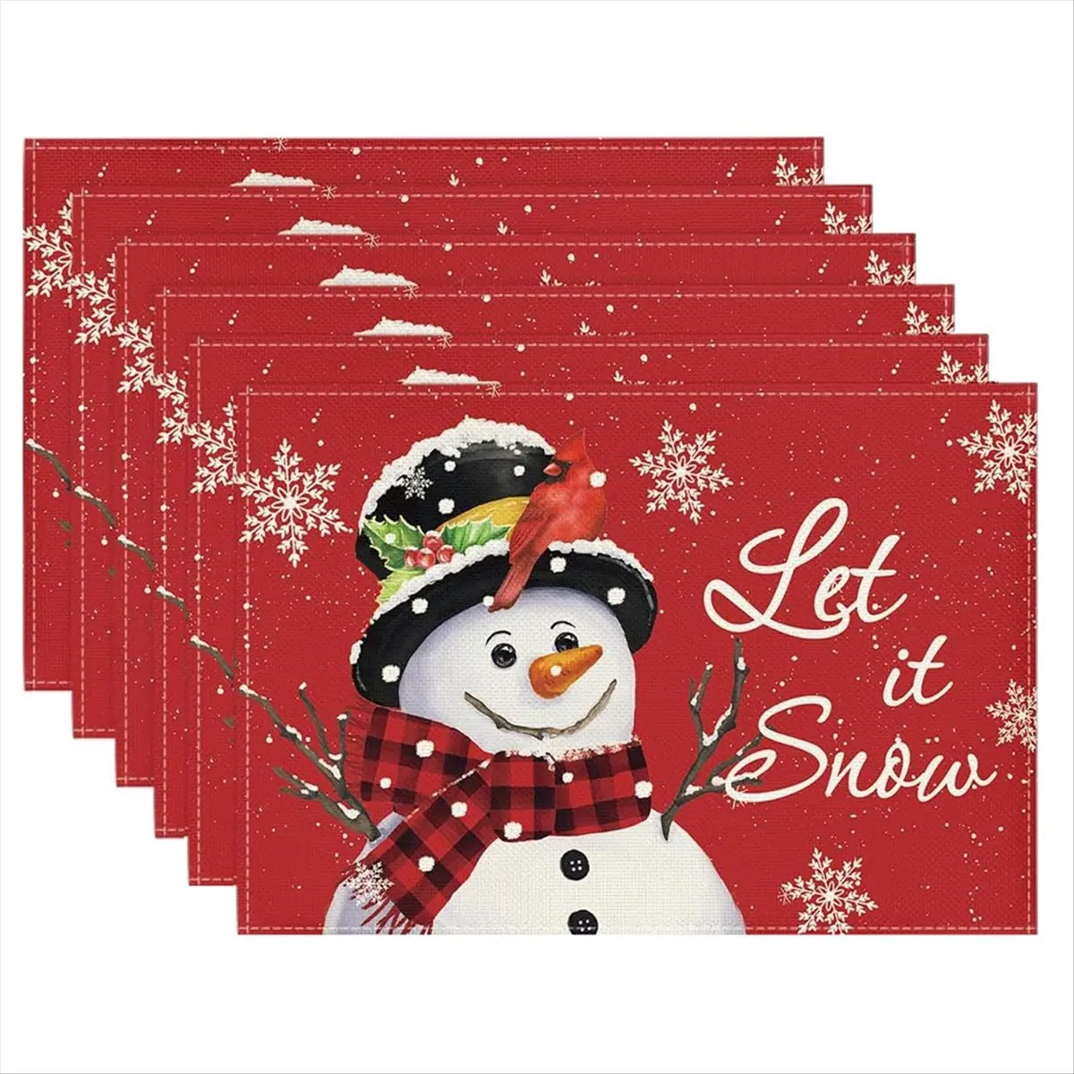 6-Piece White+Red Rectangle Indoor Christmas Tableware Placemats, 12x18 in/31x46cm, Wrinkle-Free Durable Hemmed and Reinforced Edges Holiday Table Mats for Home Use, Six Pieces