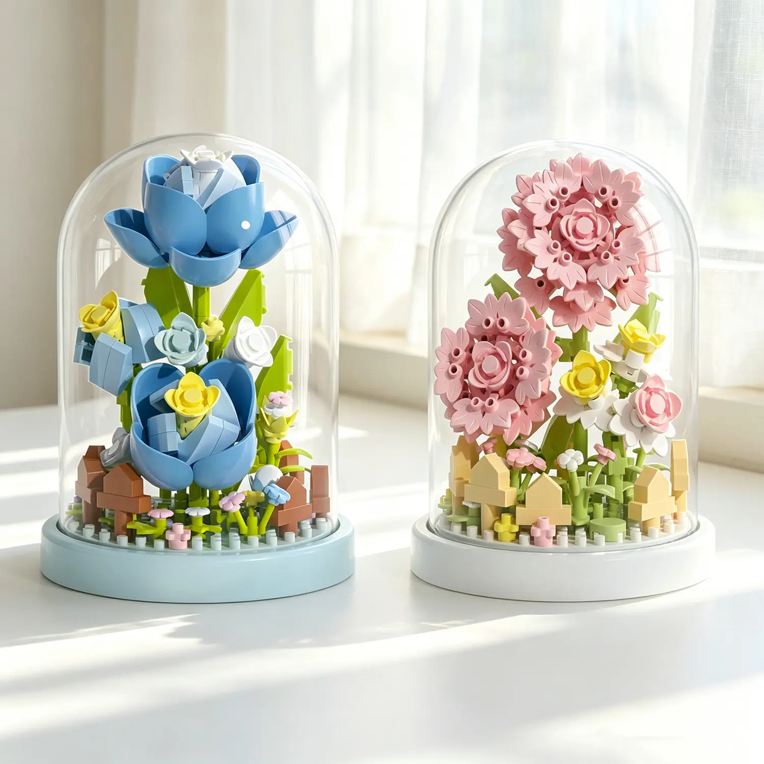2 Pack DIY Mini Flower Building Block Sets with Display Cover, Unassembled Blue Rose and Pink Peony Botanical Collection Bricks Toy Kit, Table Desk Decor Gift for Building Block Fans