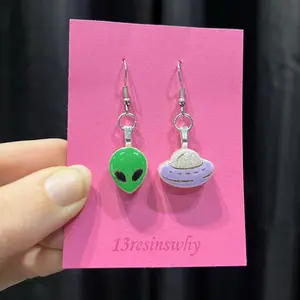 Asymmetrical Alien/UFO Earrings | Unique | Hand Painted | Space