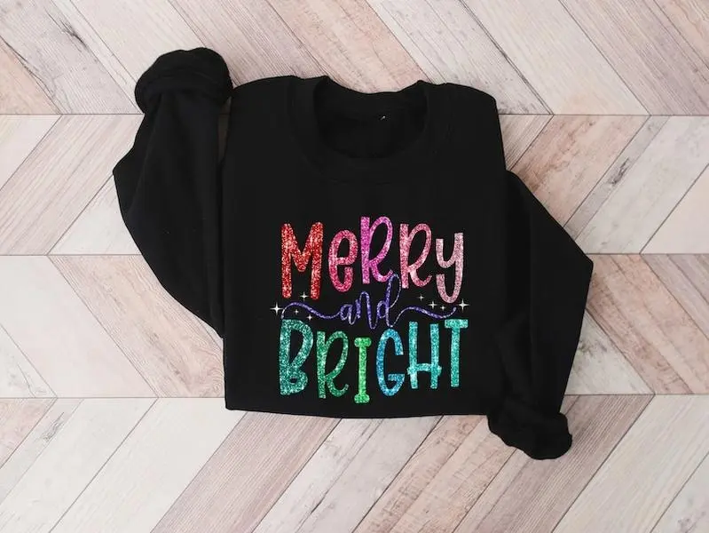 Faux Retro Merry and Bright Sweatshirt, Merry Christmas Sweatshirt, Christmas Gift Sweatshirt, Family Christmas Sweatshirt, Christmas Women Sweatshirt
