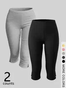 2-Pack Women's Solid Color Seven-Quarter Fitted Pants, Soft and Slimming, Casual Yoga Home Outdoor Wear, 2-Piece Set, Split Design