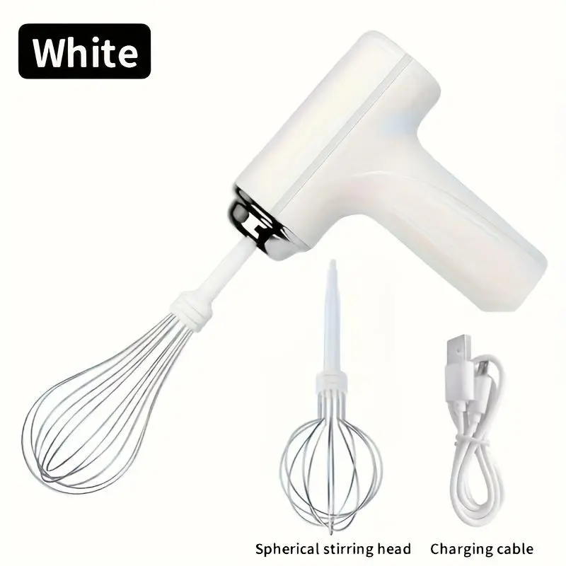 White Cordless & Portable Hand Mixer - USB Rechargeable Ergonomic Handheld Electric Mixer with 3 Speeds, 2 Detachable Dual Stainless Steel Mixing Heads, Compact Design, Charging Cable, Easy to Clean for Smoothies, Hand Mixers, Usb Rechargeable Mixer