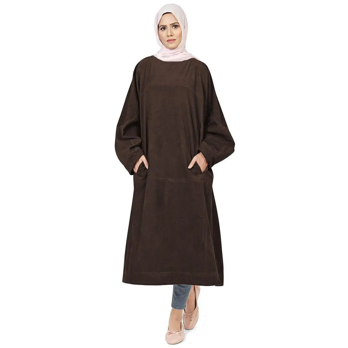 Women's Islamic Warm Brown Corduroy Long Tunic