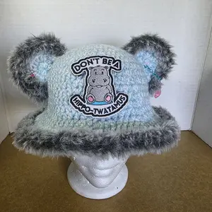 ​Handmade Crochet Bear Ear Bucket Hat with Fuzzy Trim & Custom Patches