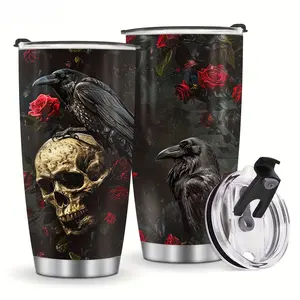 Gothic Skull & Raven Tumbler - Dark Red Rose Floral Design - 20oz Stainless Steel Cup for Horror Fans