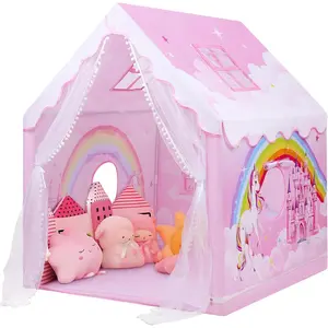 Children's Play Tent Pink Princess Tent for Girls Large Foldable Playhouse with Windows Portable Lightweight Indoor Outdoor Use Toddler Gift