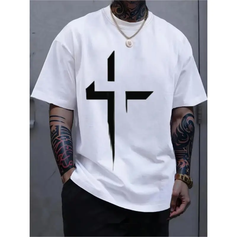 Men's All-Season Pure   Crew Neck T-Shirt, with Patterned Cross Print - Casual Style, Short Sleeve, Regular Fit, Lightweight Stretch Fabric,    , Suitable for Daily and Weekend Wear, Four Seasons Clothing |   Modern appearance |   Machine was