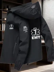 Men's New Hooded Jacket with Emt Logo Print, Classic, Full Zipper, Casual Outdoor Wear, Fishing Cycling Fashion