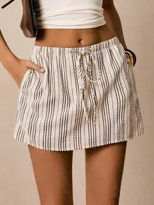 Women's Striped Drawstring Waist Pants with Pockets, Loose Fit Casual Wide Leg Trousers, Comfortable and Stylish Fashion Apparel