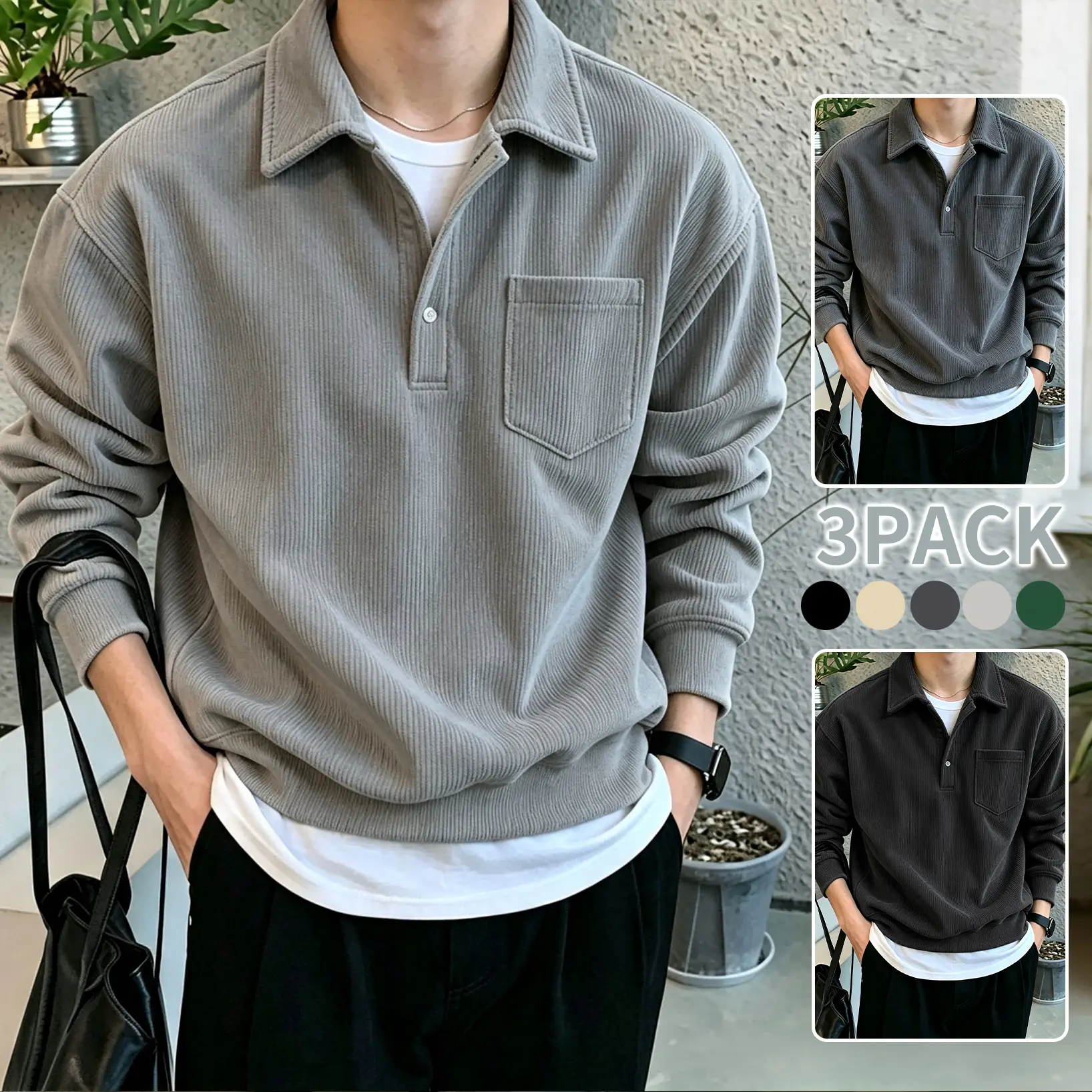 Men's Vintage Corduroy Sweatshirt, a Casual Plain Long Sleeve Top Featuring a Notched Collar, Chest Pocket, and a Minimalist Loose Fit, Menswear, Simple, Classic,clothes for back to school,first day of school outfits