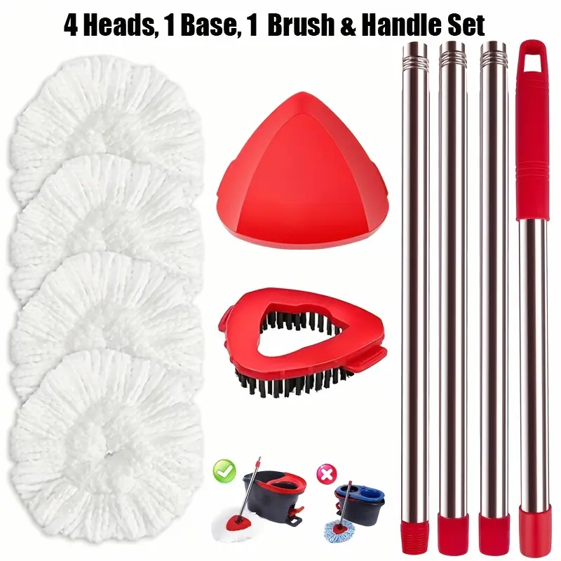 1-Tank Spin Mop System Replacement Heads, Handle, Base And Brush - 4 Packs Washable Microfiber Mop Heads, 4-Section Stainless Mop Handle, 1 Mop Base And 1 Scrub Brush Combo Set