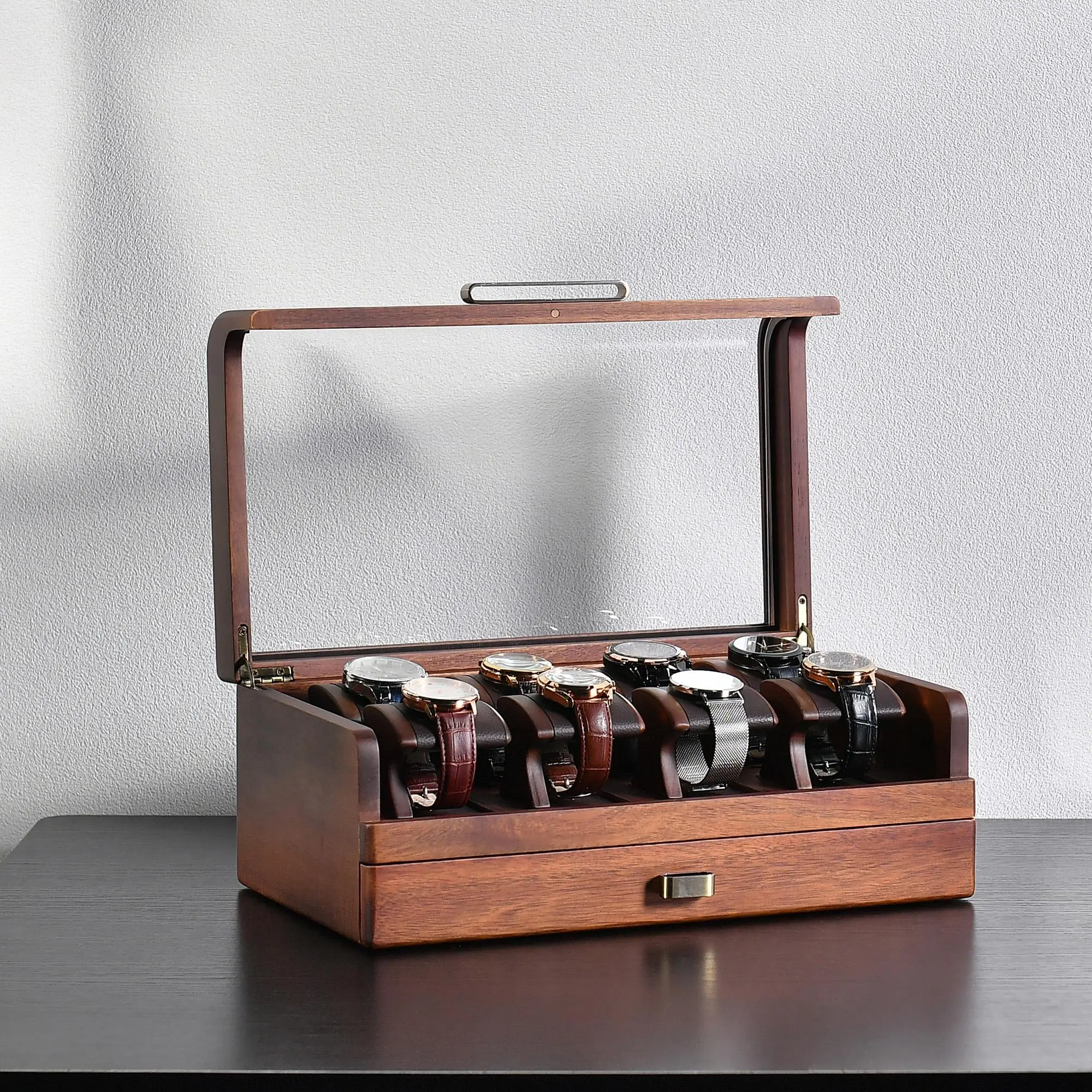 Premium Watch Box Organizer with Clear Lid, 8 Wood Watch Stands, and Drawer for Trinkets, High-End Timepiece Storage for Men, Gentlemen Box Gift Wooden