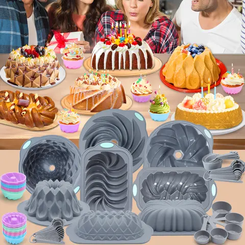 Food Grade Silicone Wavy Bakeware Set for Bakers - 66/45/21-Piece BPA-Free Non-Toxic Molds, Anti-Adhesive Loaf & Hollow Pans, Jelly & Cake Molds, 446°F Heatready, Perfect Gift