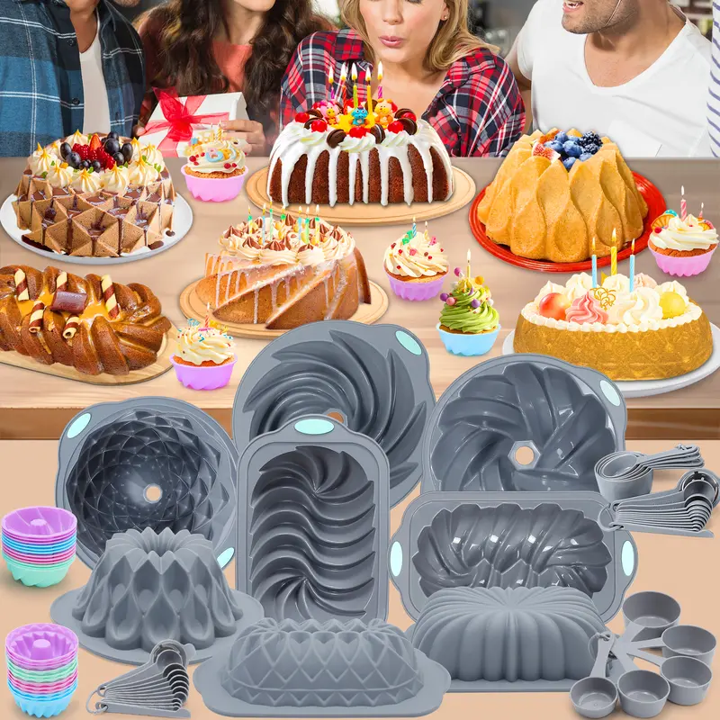 Food Grade Silicone Wavy Bakeware Set for Bakers - 66/45/21-Piece BPA-Free Non-Toxic Molds, Anti-Adhesive Loaf & Hollow Pans, Jelly & Cake Molds, 446°F Heatready, Perfect Gift