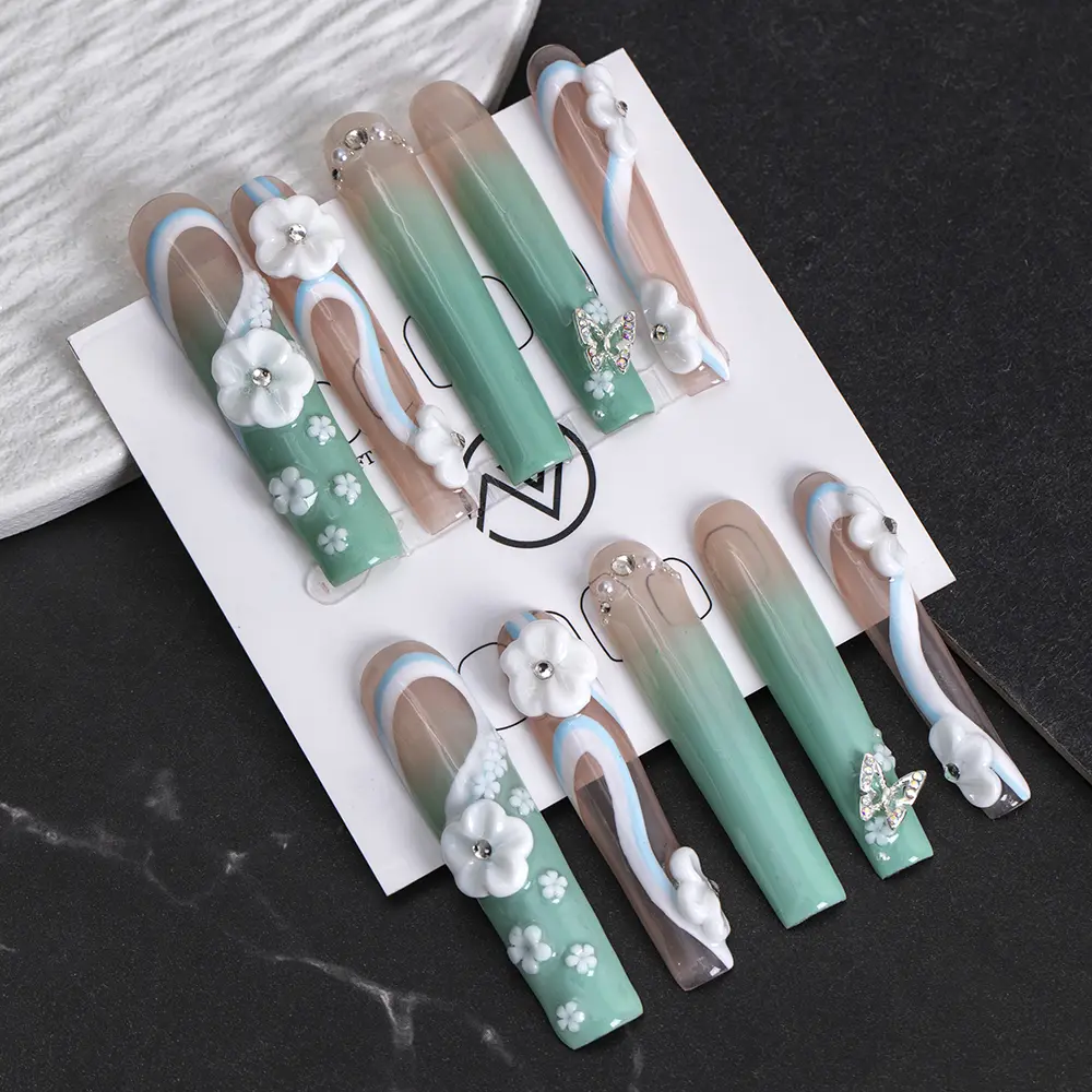 ZVNAIL Handmade Press On Nails, 10 Pcs Real Acrylic Long Square, Reusable Strong Fake Extensions with Full Salon-Quality Manicure Kit, Nail Art Supplies, Fake Nails Extensions