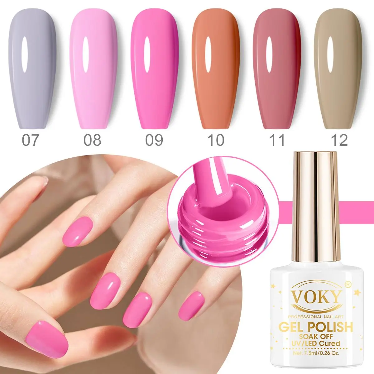 VOKY 6-Pack Multicolor Gel Nail Polish Set V-JYJ-07-12 - Nude Pink Neutral Shades (Lavender, Mauve, Terracotta), 5-Free Long-Lasting Glossy UV LED Soak-Off Manicure Kit for Nail Art, Daily Wear Beauty Care with Wipe, Nail Care, Cosmetic