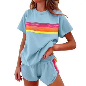 2 Piece Lounge Sets for Women Summer Rainbow Striped Tops Casual Shorts Color Blocked Suit Sweatshirts Set