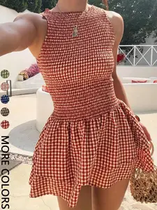 2026 Women's Casual Sleeveless Short Dress, Plaid Pattern, Fitted Style, Perfect for Daily Wear, Comfortable and Stylish