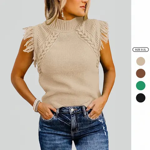 Imily Bela Womens Sleeveless Sweater Vest Mock Neck Cable Knit Fringe Cap Sleeve Boho Trendy Pullover Tank Tops