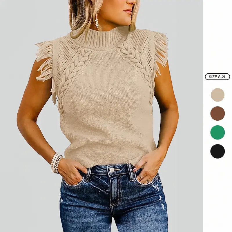 Imily Bela Womens Sleeveless Sweater Vest Mock Neck Cable Knit Fringe Cap Sleeve Boho Trendy Pullover Tank Tops