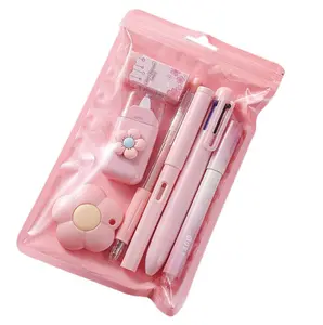 7 Pcs Cute Pink Stationery Set Kawaii School Supplies Office Supplies Including Ballpoint Pens Pencil Sharpener Highlighter Correction Tape Ruler Utility Knife