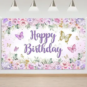 Butterfly Birthday Banner - Purple Happy Birthday Girl Party Backdrop, Butterfly Birthday Decorations 70.8 x 43.3 Inch