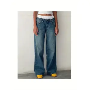 American Style Retro Low Waist Non-Elastic Washed Straight Jeans Women's Autumn New Street Wide Leg Denim Women's Pants Womenswear Bottom Trouser Streetwear Pocket Basic Minimalist White patch  pants