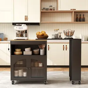 Kitchen Island On Wheels with Extended Table MDF Rolling Kitchen Storage Cart with LED Light Power Outlets 2 Fluted Glass Doors Side 3 Open Shelves