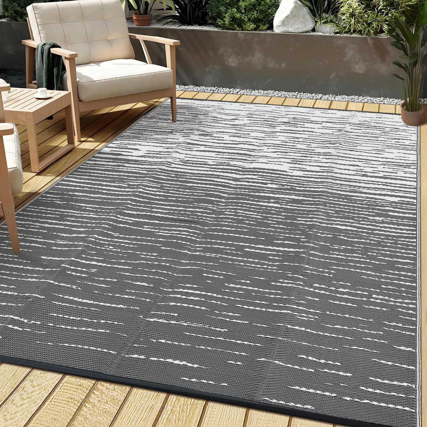 Gaomon 6x9 in Outdoor Plastic Straw Rug - Stripes, Lake Ripple, Gradient, Waterproof, Foldable, Reversible, UV-Resistant, Tight Weave Recyclable Polypropylene Rug for RV, Backyard