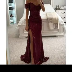 Hot Sale Party Sequin One Line Neck Slit Casual Fashion Floor-Length Worsted Solid