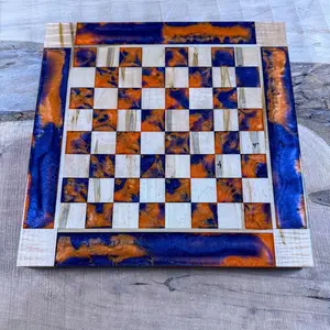 Vivid Orange Dark Blue Maple Wood Chess Checker Board (INCLUDES GLASS PIECES)