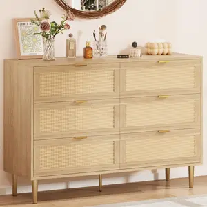 Garvee Rattan 6 Drawer Dresser with Gold Legs and Handles, Modern Wide Double Chest of Drawers Featuring Large Tabletop and Anti-Tipping Design for Bedroom and Living Room in Natural Finish
