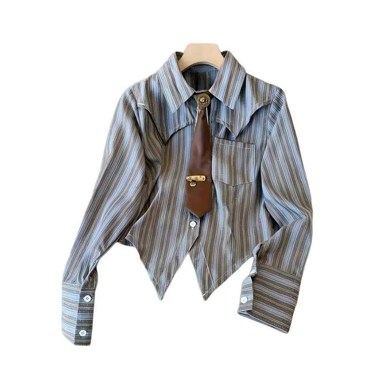 Women's Vintage-Inspired Striped Tie-Waist Blouse - Long Sleeve Shirt, Vintage Tie Included, Button-Up Top with Brown Collar & Cufflinks, Polyester Lady Blouse for Fall Retro Style