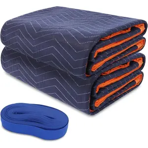 2 Moving Blankets 72x80in with 1 Elastic Rubber Band (196in Extendable to 400in) - Durable Quilted Moving Blanket-Heavy Duty Shipping Blankets (Total Weight 8.8 lbs,Black/Blue)