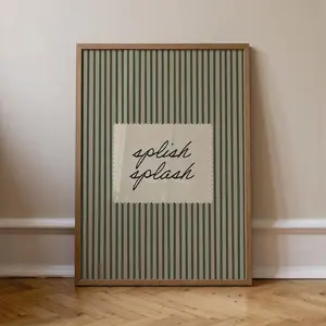 Splish Splash Bathroom Print Green Striped Bath Poster, Modern Vintage Art