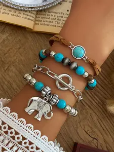 Bohemian Style Retro Elephant Pendant Bracelet Set, Creative Rice Beads Magnetic OT Buckle Velvet Cloth Bracelets for Men and Women, 4 Piece
