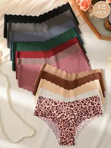 12-piece set of women's seamless panties, slim fit, comfortable and breathable women's triangle underwear set, Soft Breathable Panty, leopard print and solid color women's lingerie, suitable for everyday yoga and exercise, Soft Breathable Knicker