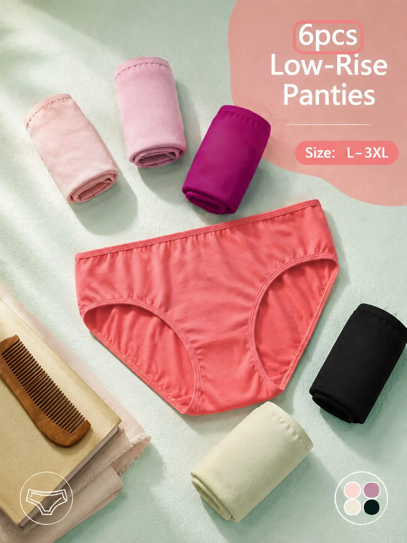 Women's Cotton Breathable Low-Rise Briefs, 6-Pack Solid Color Panties with Lightweight Durable Edges, Sizes L-3XL